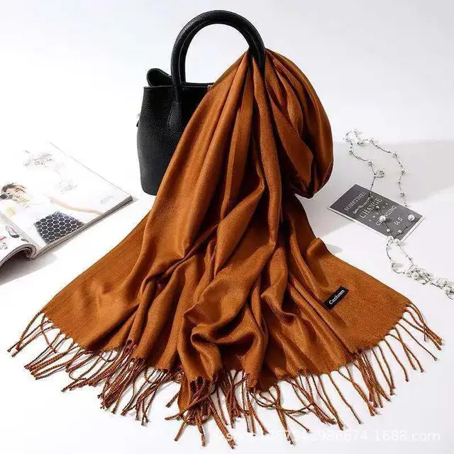 Imitation Cashmere Scarf Women's Solid Color Fringed Warm Dual use Shawl Caramel - Shop at LoveMi