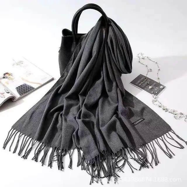 Imitation Cashmere Scarf Women's Solid Color Fringed Warm Dual use Shawl Dark Gray - Shop at LoveMi