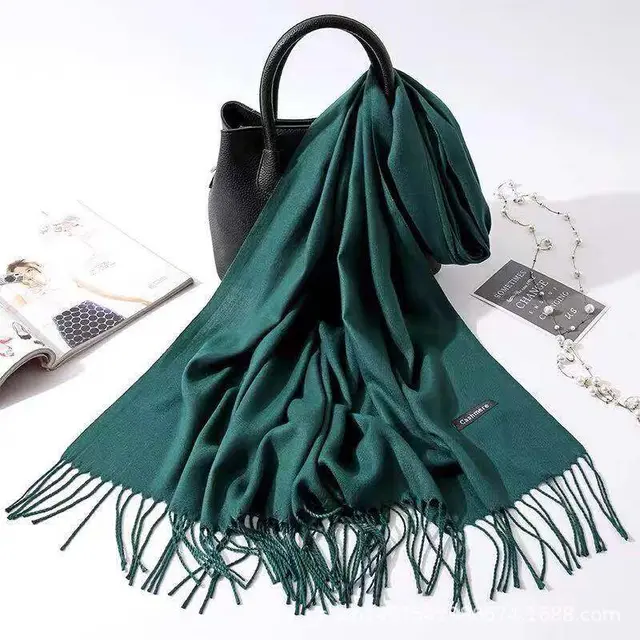 Imitation Cashmere Scarf Women's Solid Color Fringed Warm Dual use Shawl Dark Green - Shop at LoveMi