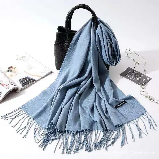 Imitation Cashmere Scarf Women's Solid Color Fringed Warm Dual use Shawl Denim Blue - Shop at LoveMi