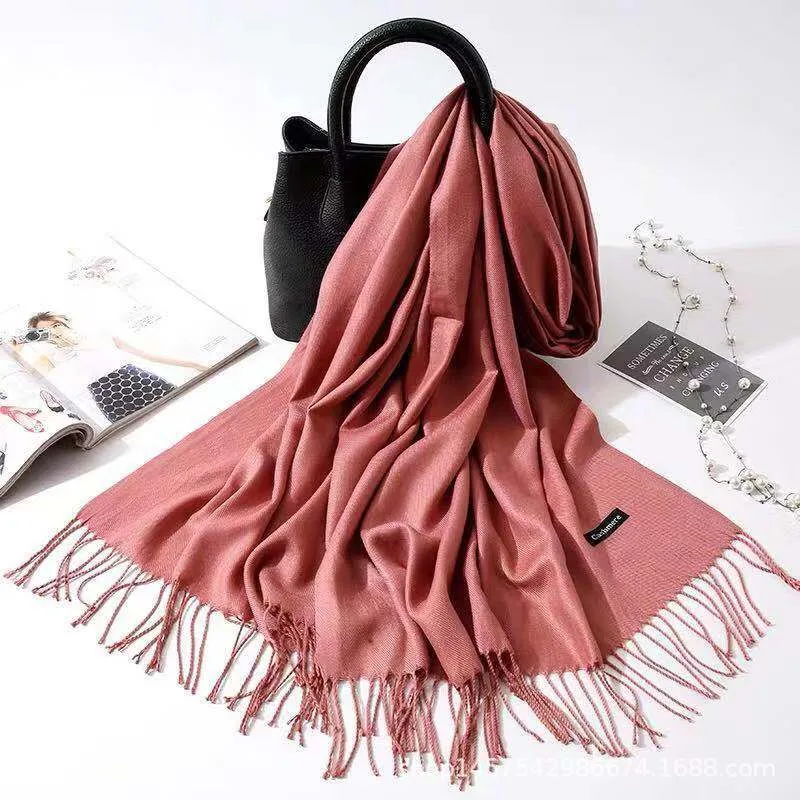 Imitation Cashmere Scarf Women's Solid Color Fringed Warm Dual-use Shawl - Orange