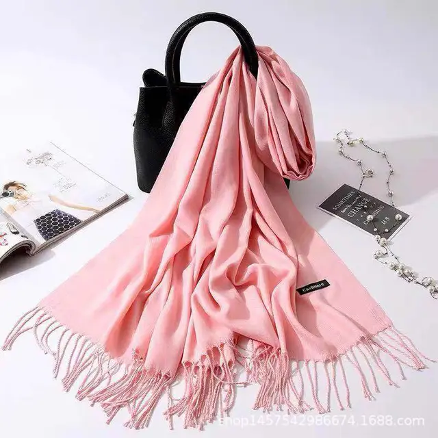 Imitation Cashmere Scarf Women's Solid Color Fringed Warm Dual use Shawl Pink - Shop at LoveMi
