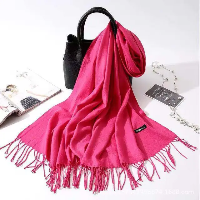 Imitation Cashmere Scarf Women's Solid Color Fringed Warm Dual use Shawl Rose Red - Shop at LoveMi