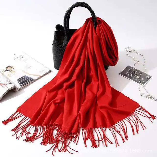 Imitation Cashmere Scarf Women's Solid Color Fringed Warm Dual use Shawl Scarlet - Shop at LoveMi