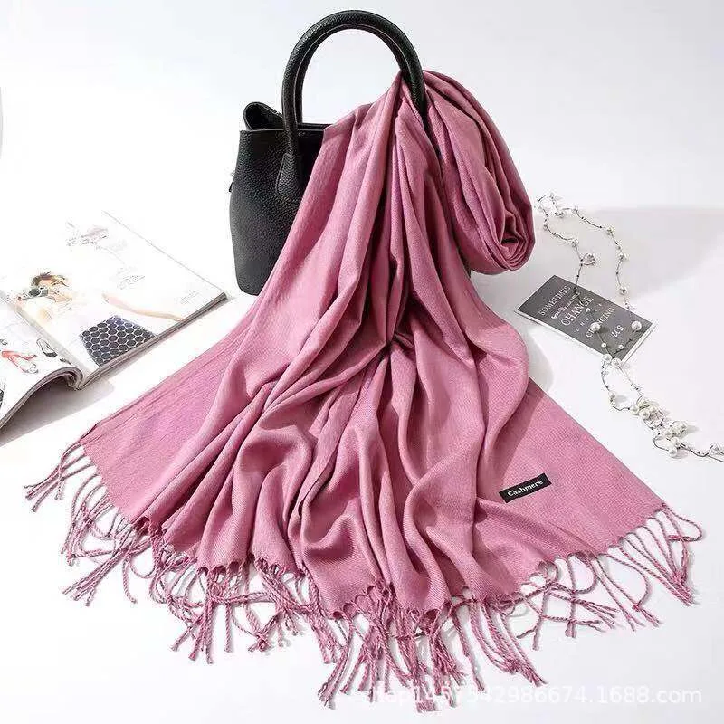 Imitation Cashmere Scarf Women's Solid Color Fringed Warm Dual-use Shawl - Skin Red