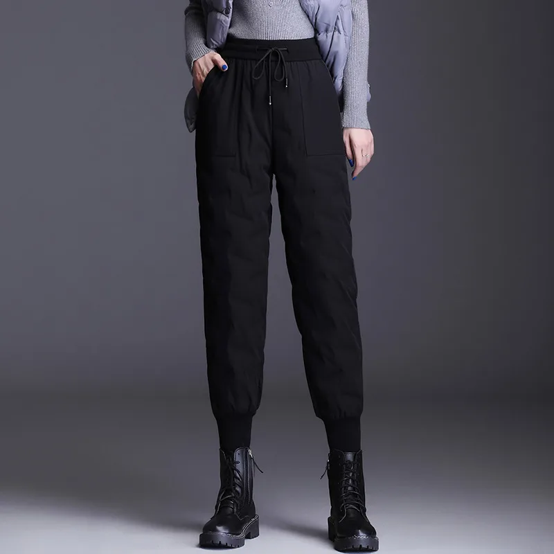 Down Cotton Trousers Women's High Waist Plus Velvet Thick Cotton Trousers Black Without Zipper - Shop at LoveMi
