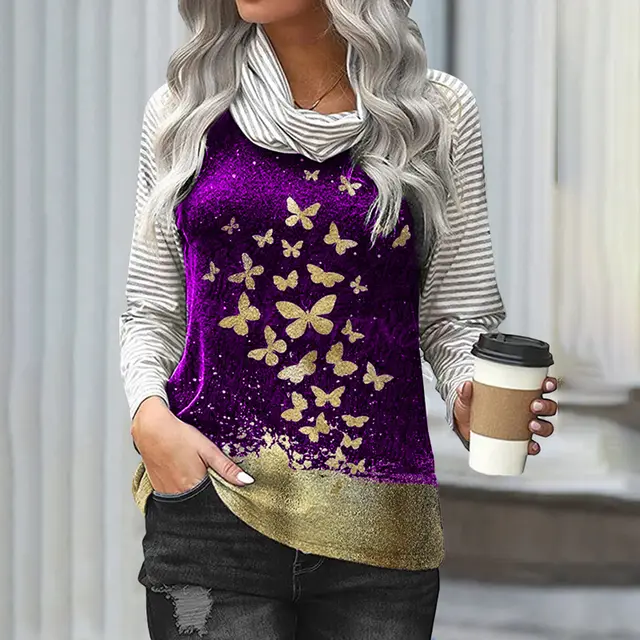Stitching Long sleeved Pile Neck Top Printed T shirt Printed Purple - Shop at LoveMi