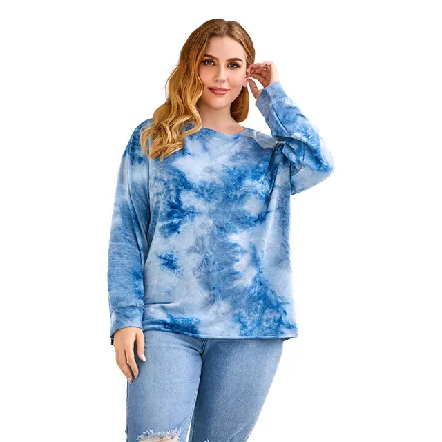 Plus Size Women's Pullover Blouse Tie dye Long Sleeves Dark Blue - Shop at LoveMi