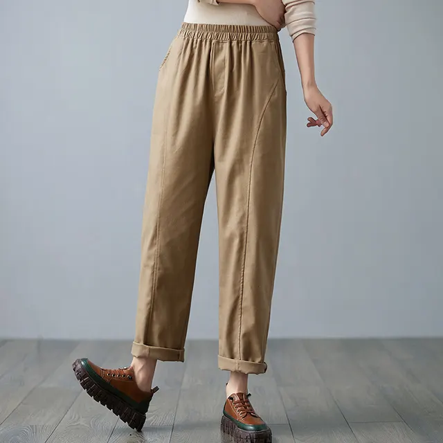 New Literary Retro Cotton And Linen Harem Pants Women Elastic Waist Khaki - Shop at LoveMi