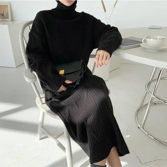 Thick And Warm Long sleeved Over the knee Skirt New Solid Color Soft Sweater Dress Black - Shop at LoveMi