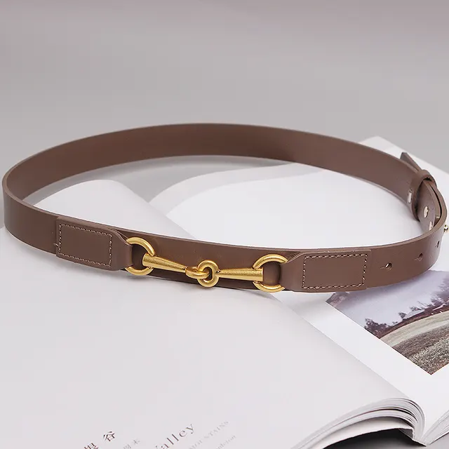 Fashion Simple Female Cowhide Horsebit Belt Khaki - Shop at LoveMi