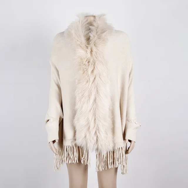 Autumn And Winter Fringed Cloak Shawl Fur Collar Solid Color Cardigan Apricot - Shop at LoveMi