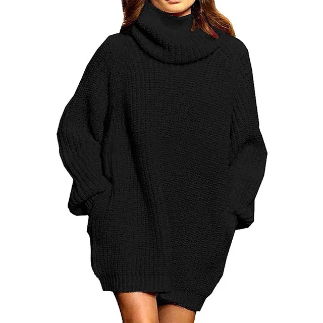 Women's Long sleeved High neck Pocket Mid length Dress Sweater Black - Shop at LoveMi