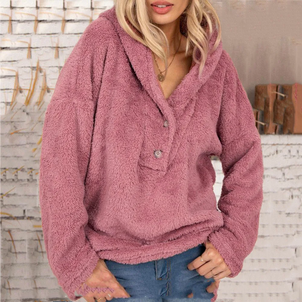 Women's Fashion Hooded Pullover Plush Loose Sweater Pink - Shop at LoveMi