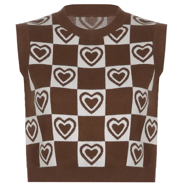 Girl's Retro Plaid Sweater Cute Knit Cardigan Sleeveless Heart shaped College Wind Mini Brown - Shop at LoveMi