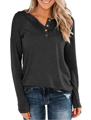 Solid Color Knitted Long Sleeved Round Neck Pullover Button Top T Shirt - Black