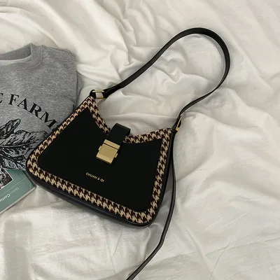 Houndstooth Crossbody Shoulder Bag Under Arm Black - Shop at LoveMi