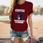 Cat Cute Print T-shirt Round Neck Short Sleeve Top - Wine Red