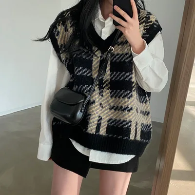 Loose Sweater Women's Plaid Knitted Vest Top Black - Shop at LoveMi