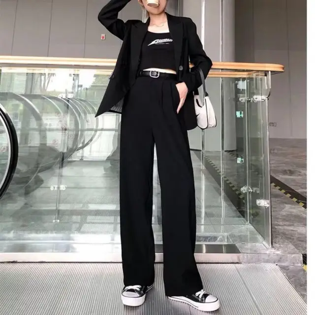High Waist Loose Casual Mopping Suit Pants Straight Leg Black Long - Shop at LoveMi