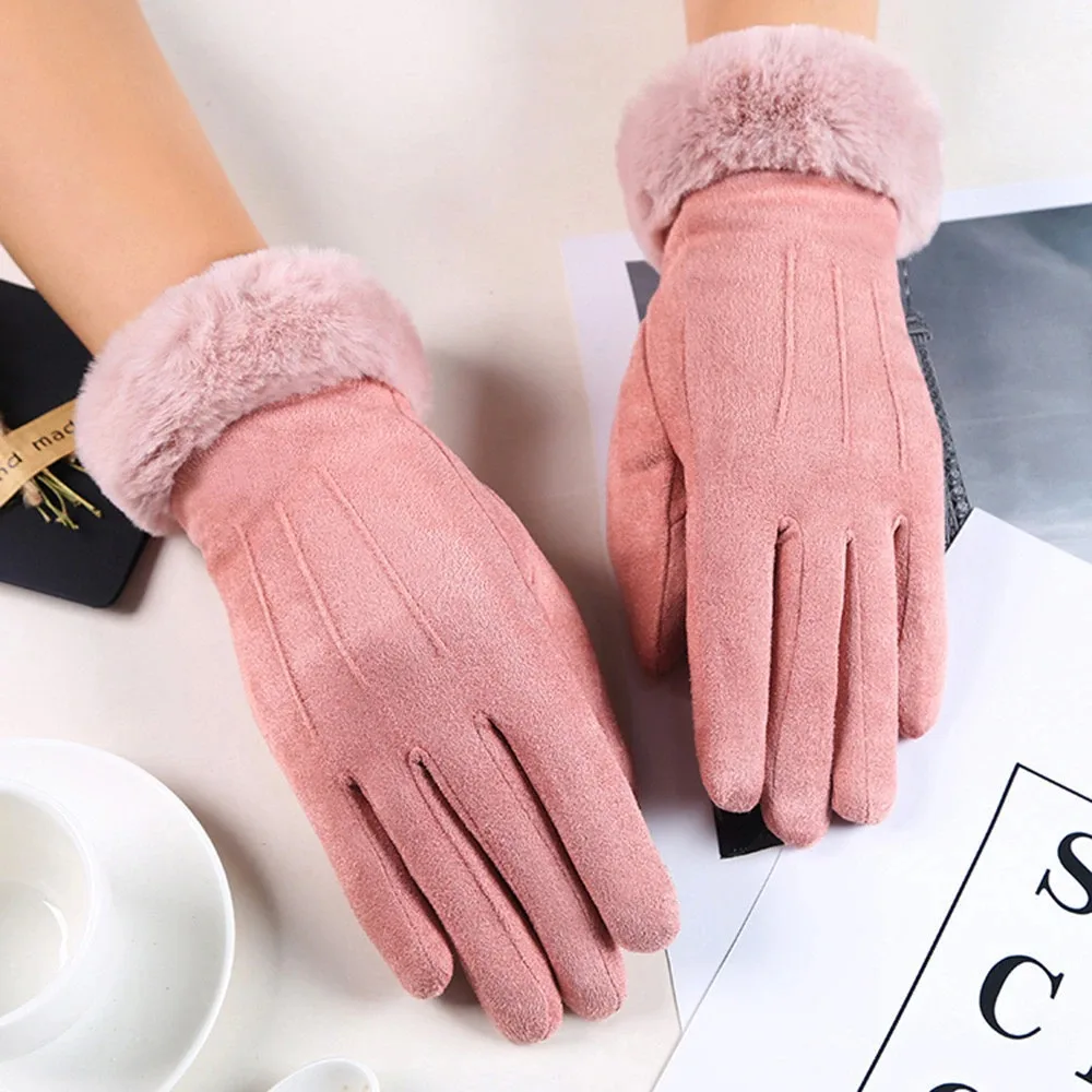 Women's Black Fur Winter Driving Gloves Windproof And Warm Touch Screen - Pink