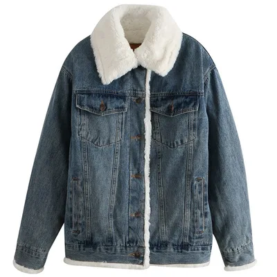 Plush Thick Lamb Wool Denim Jacket Women Short Blue - Shop at LoveMi