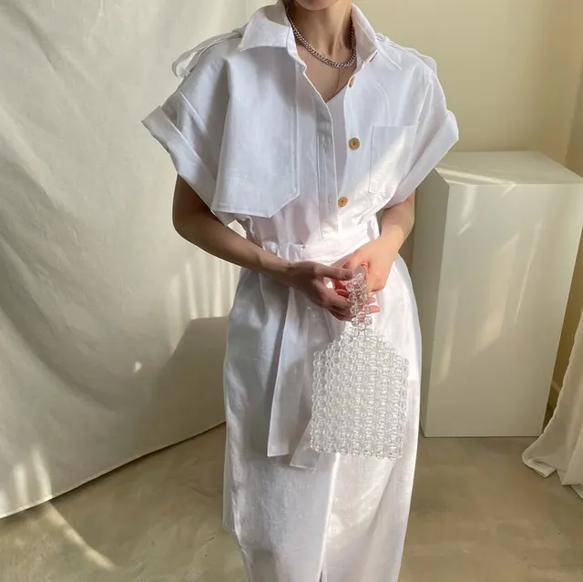 Temperament Lapel Single Breasted Lace Up Waist Multi Pocket Tooling Wide Leg Jumpsuit White - Shop at LoveMi