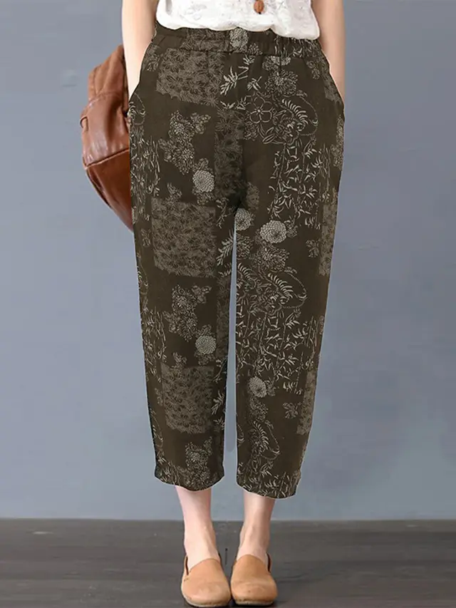 Explosive Style Cotton And Linen Printed Casual And Comfortable Elastic Waist Women's Ninth Pants Brown - Shop at LoveMi