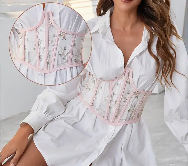 Fashion Girdle Female Embroidered Elastic Mesh Hollow Belt Pink - Shop at LoveMi