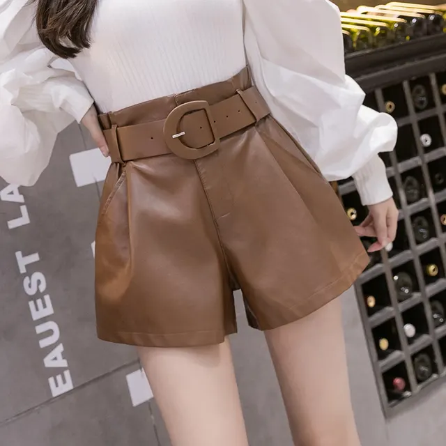 Women's High Waist Wide Leg Leather Shorts Brown - Shop at LoveMi