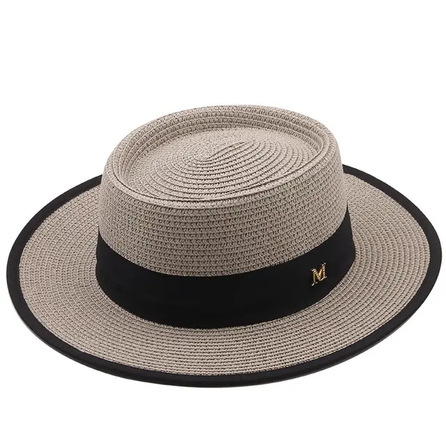 Straw Female Sun Simple Flat Top Letter Elegant White Top Hat Female Grey - Shop at LoveMi