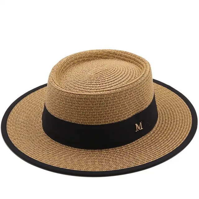Straw Female Sun Simple Flat Top Letter Elegant White Top Hat Female Khaki - Shop at LoveMi