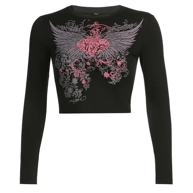 Street Hot Rhinestone Print Hit Color Cropped Short Long sleeved Top Black - Shop at LoveMi