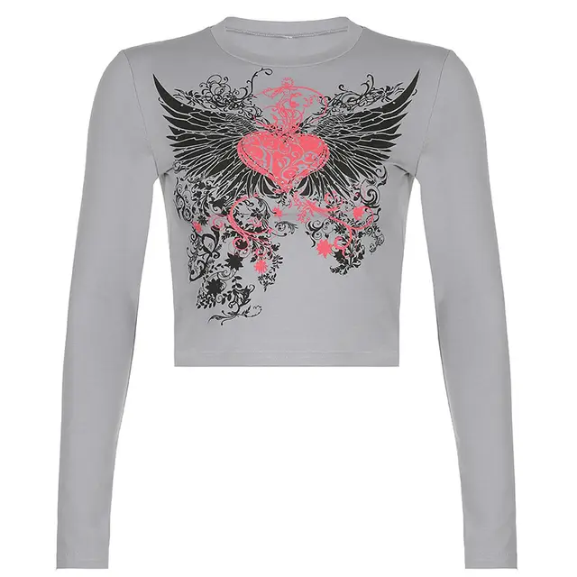 Street Hot Rhinestone Print Hit Color Cropped Short Long sleeved Top Grey - Shop at LoveMi