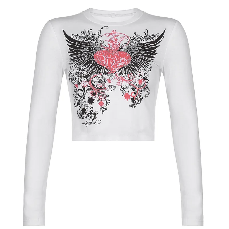 Street Hot Rhinestone Print Hit Color Cropped Short Long-sleeved Top - White