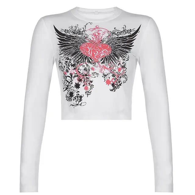 Street Hot Rhinestone Print Hit Color Cropped Short Long sleeved Top White - Shop at LoveMi