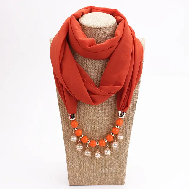 Pearl Chiffon Necklace Scarf Bib Sunscreen Women Orange - Shop at LoveMi