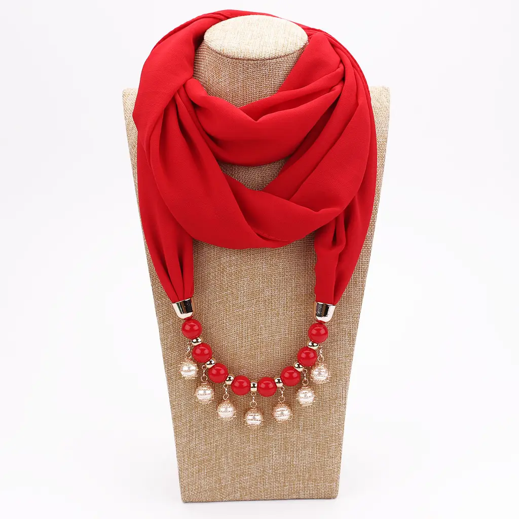 Pearl Chiffon Necklace Scarf Bib Sunscreen Women - Scarlet
