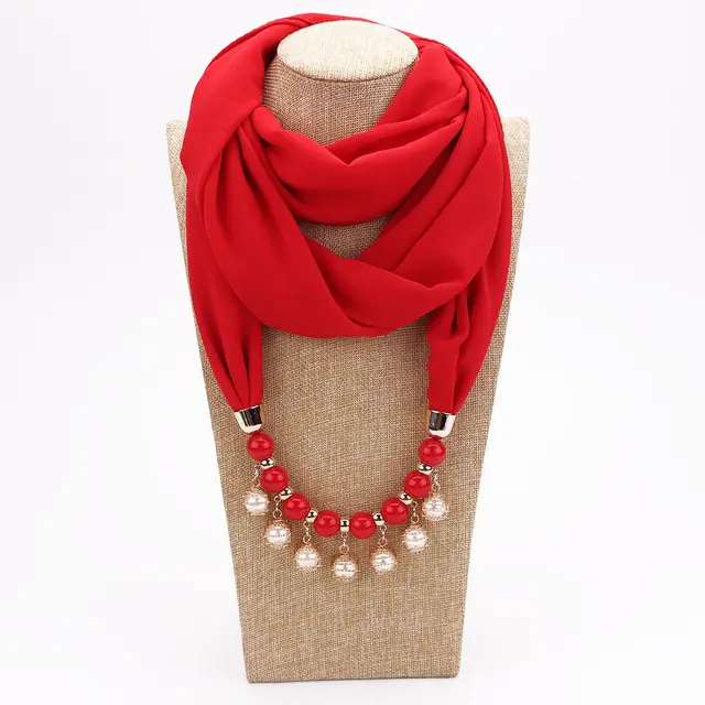 Pearl Chiffon Necklace Scarf Bib Sunscreen Women Scarlet - Shop at LoveMi