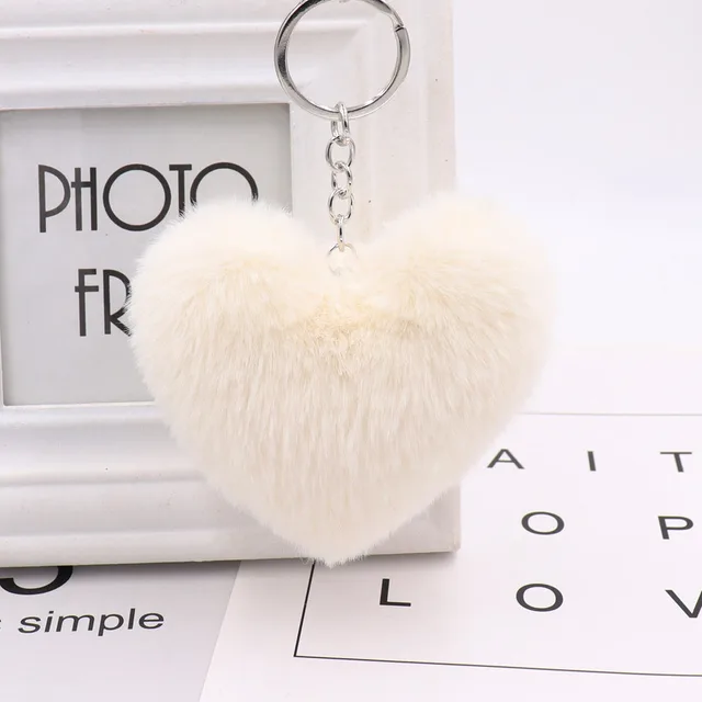Heart shaped Fur Ball Keychain Rex Rabbit Plush Car Pendant Beige - Shop at LoveMi