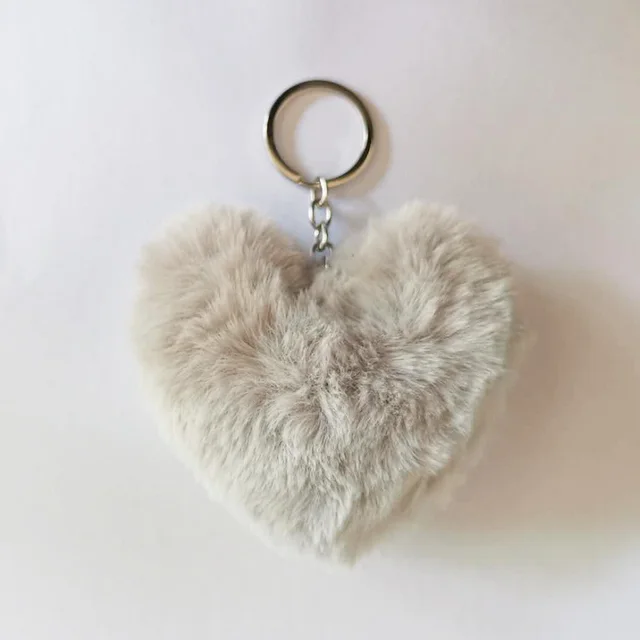 Heart shaped Fur Ball Keychain Rex Rabbit Plush Car Pendant Light Grey - Shop at LoveMi