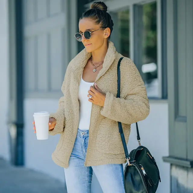 Fashionable Plush Warm Jacket Women Apricot - Shop at LoveMi