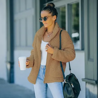 Fashionable Plush Warm Jacket Women - Khaki