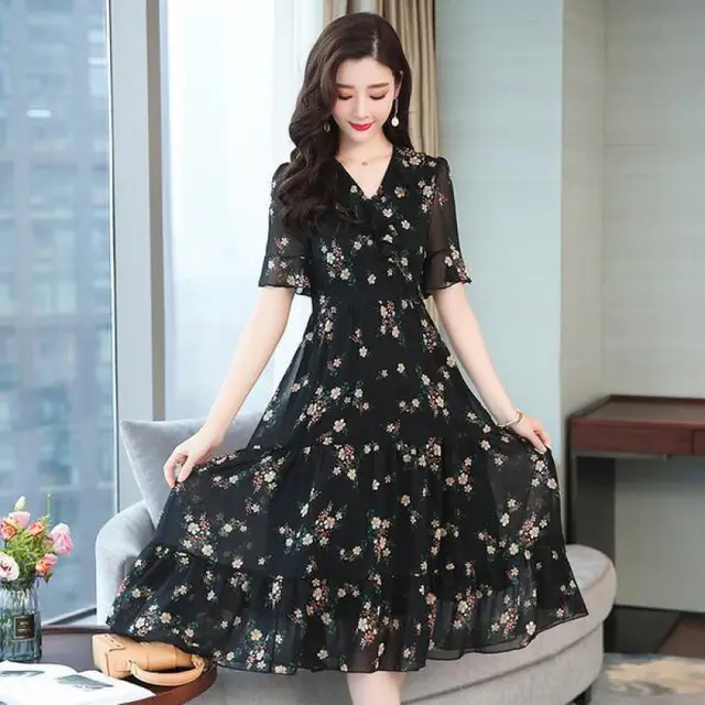 Mid length Floral Chiffon Dress Covering Belly Black - Shop at LoveMi