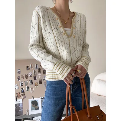 V neck Diamond studded Sweater Women's New Waist Short Beige - Shop at LoveMi