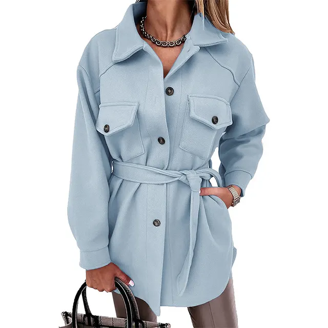 Autumn And Winter Ladies Lapel Tie Woolen Coat Blue - Shop at LoveMi