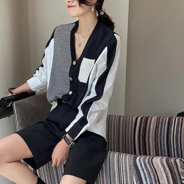 Women's V neck Loose Shirt Fashion Knit Cardigan Black - Shop at LoveMi