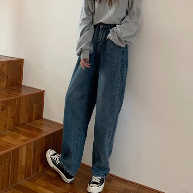 High rise Straight leg Thin Wide leg Jeans Autumn Dark Blue - Shop at LoveMi