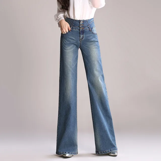 High waist Denim Wide leg Women's Spring And Autumn Korean Wide leg Straight leg Pants Dark Sapphire Blue - Shop at LoveMi