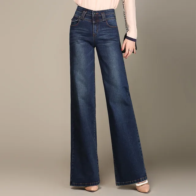 Spring And Autumn Women's Denim Straight Wide leg Casual Pants Navy Blue - Shop at LoveMi